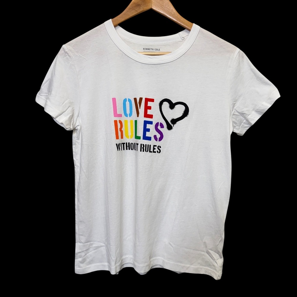 Kenneth Cole Womens T-Shirt Small White Love Rules Rainbow Graphic Pride Tee
